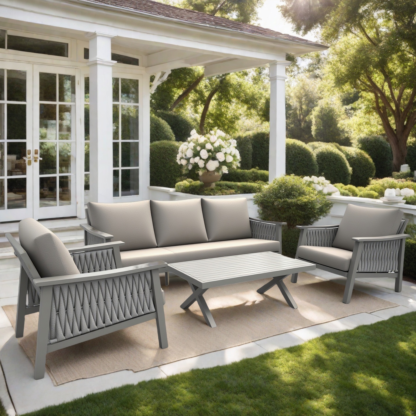 Modern Rope Outdoor Sofa Set – 4-Piece Aluminum Patio Lounge with Cushions