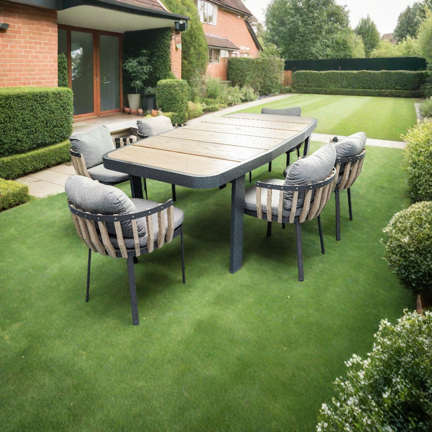 Outdoor Dining Set for 6 | Modern Patio Furniture with Cushioned Chairs and Wooden Table