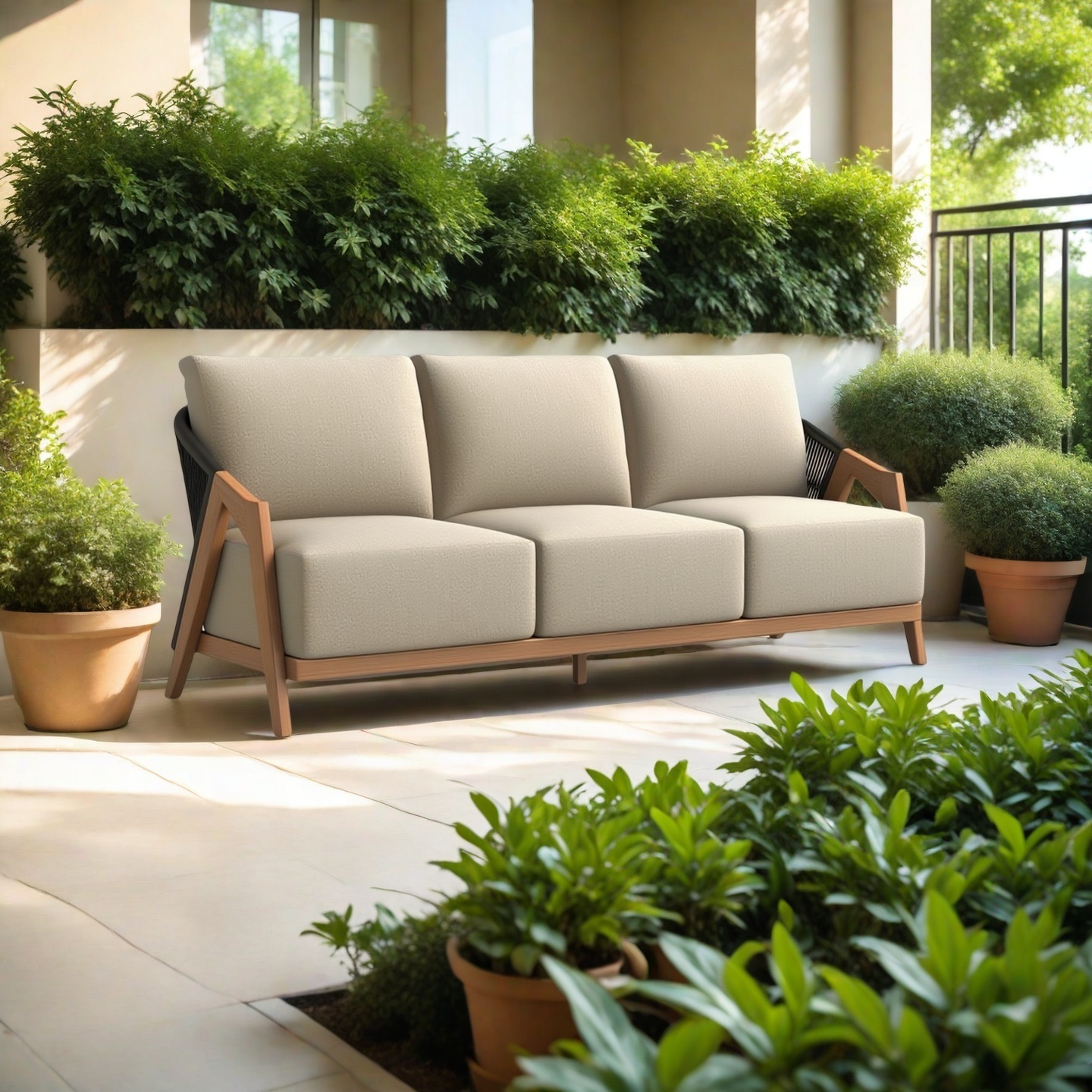 Teak Wood Outdoor Sofa Set with High-Density Foam Cushions, Polyester Covers, for Garden and Patio
