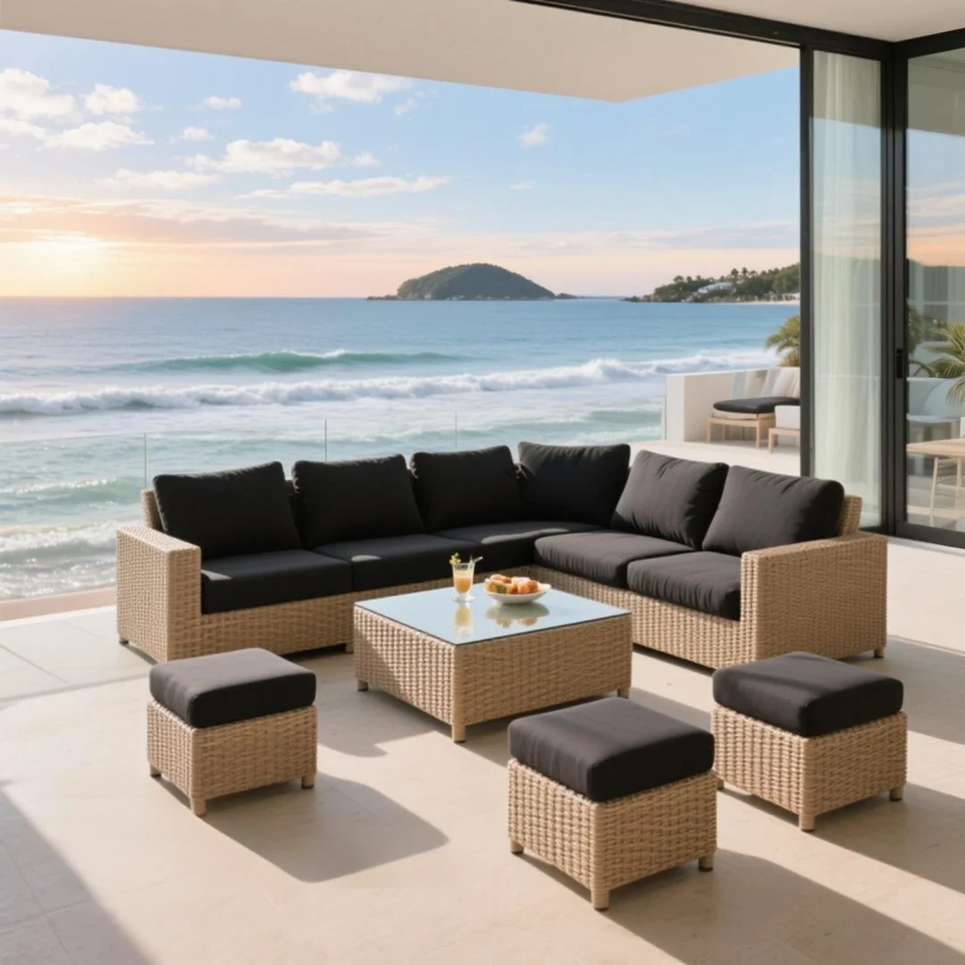 7-Piece Outdoor Rattan Sectional Sofa Set with Black Cushions and Glass Coffee Table