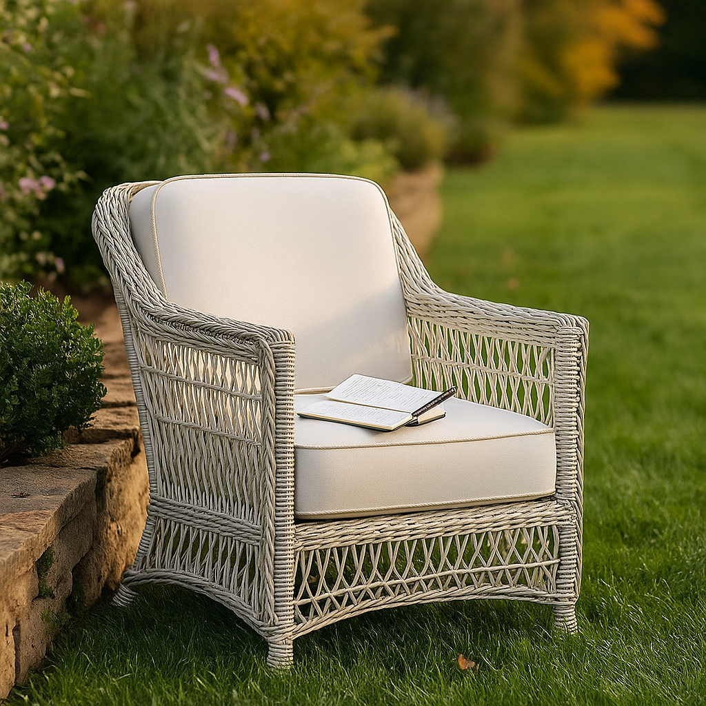Classic Handwoven Rattan Armchair with White Cushions – Outdoor/Indoor Wicker Lounge Chair