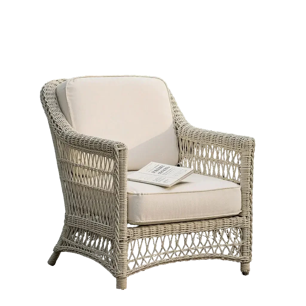 Classic Handwoven Rattan Armchair with White Cushions – Outdoor/Indoor Wicker Lounge Chair