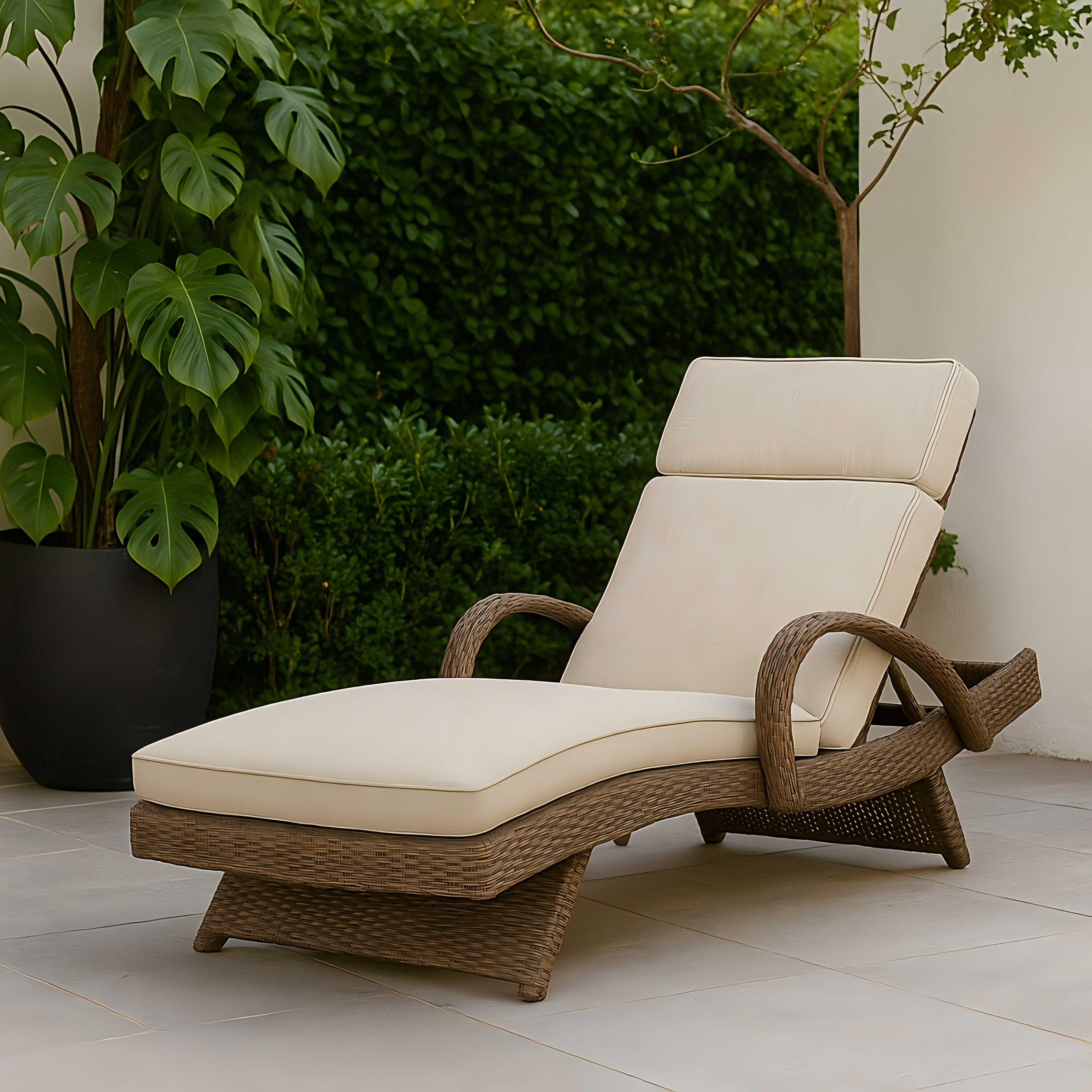 Curved Outdoor Rattan Chaise Lounge with Cushion and Armrests