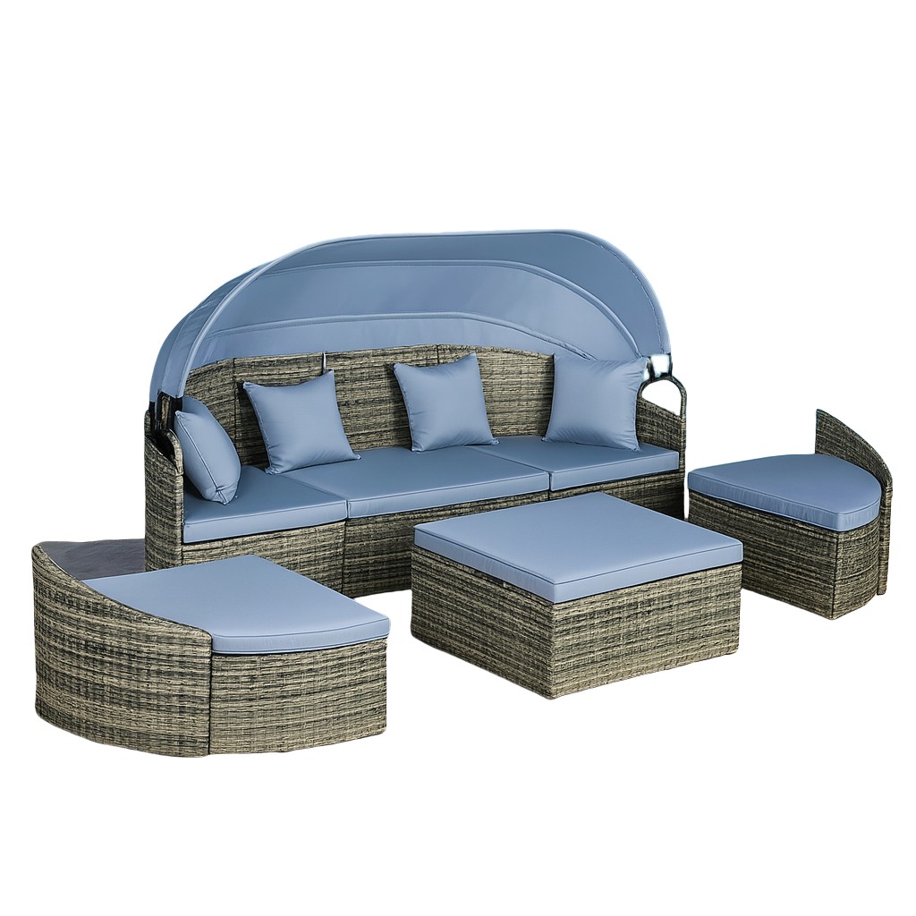 Outdoor PE Rattan Daybed Set with Canopy, 5-Piece Patio Lounge Sofa with Blue Cushions