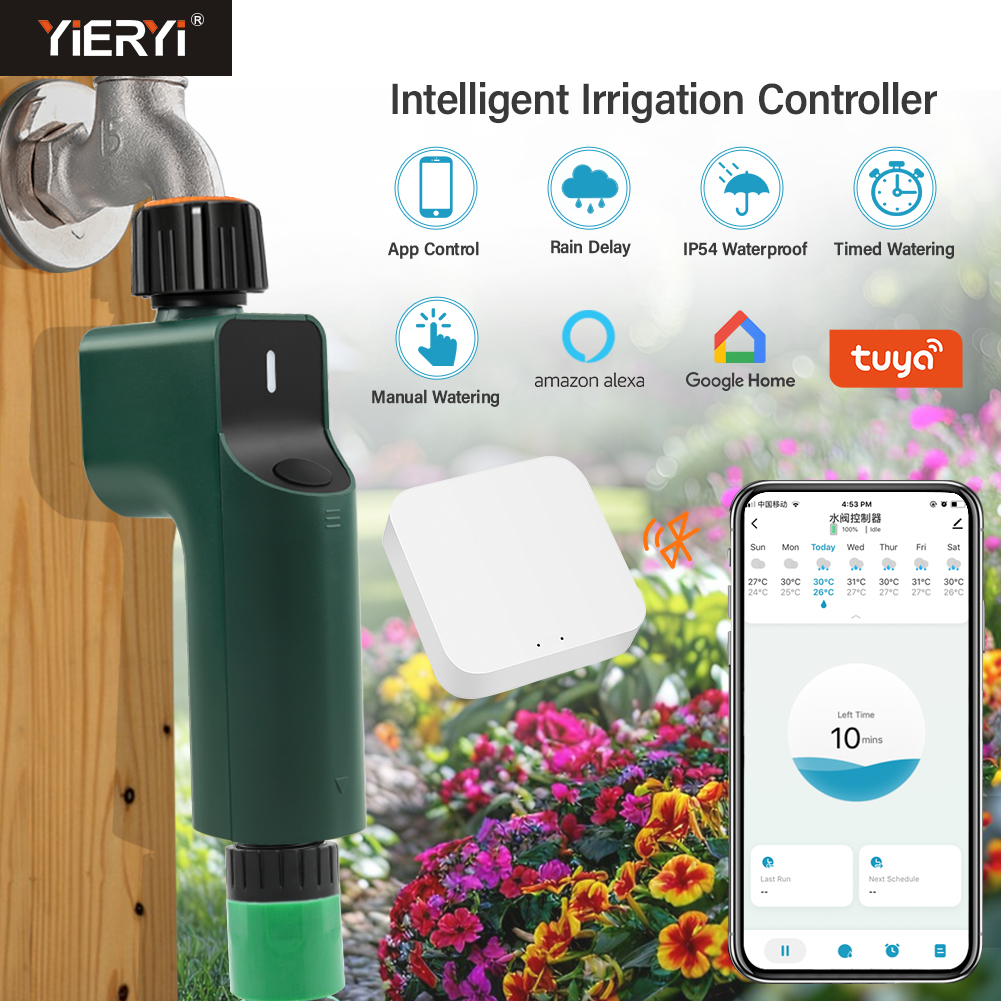 YiERYI جهاز تحكم ذكي لمؤقت الري في الحديقة - مراقب تدفق المياه وإحصاءات تويا Zigbee