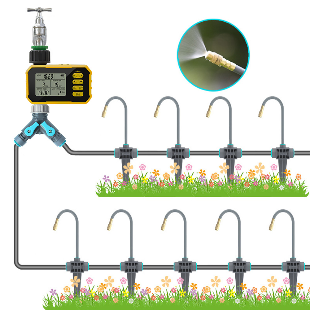 Sistema de riego por goteo para cultivo vertical con herramientas ergonómicas y diseño ahorrador de espacio