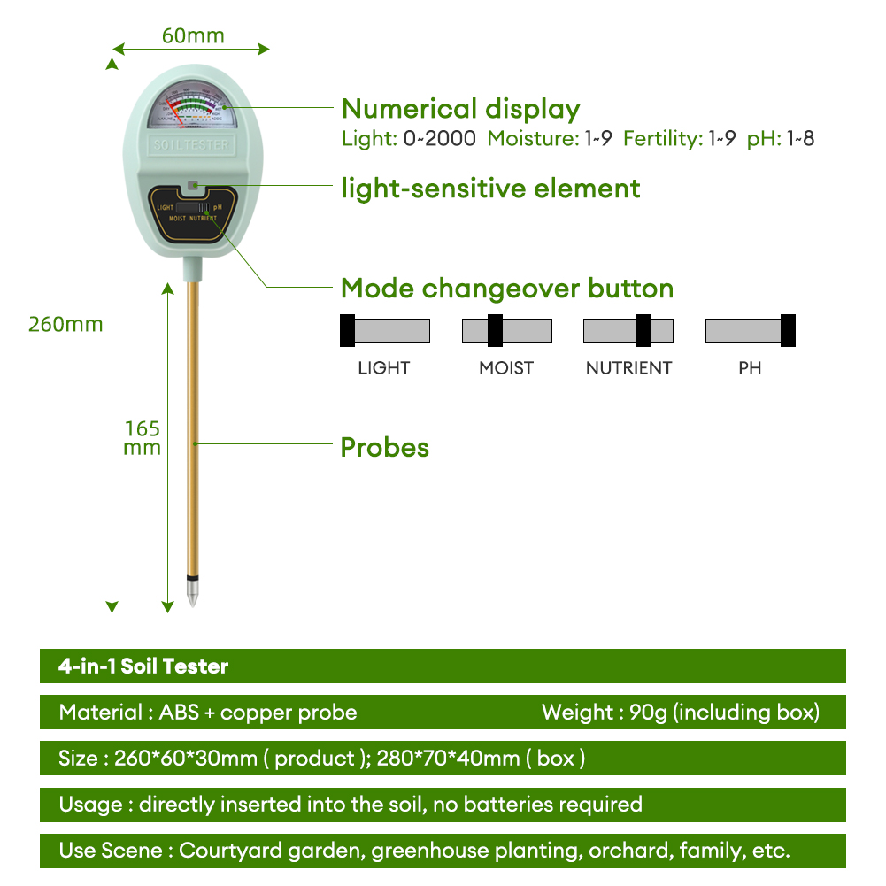 Ultimate Garden Home 4-in-1 Soil Tester — Portable, Fast, and Highly Sensitive Digital Meter for pH, Moisture, Light, and Nutrient