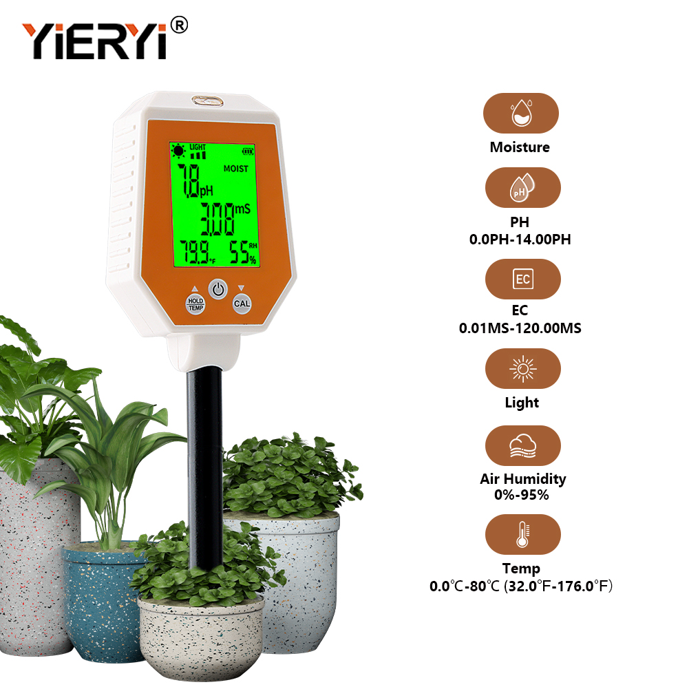 6-in-1 Digital Soil Tester – PH, EC, Moisture, Temperature, Light, Air Humidity Meter for Plants