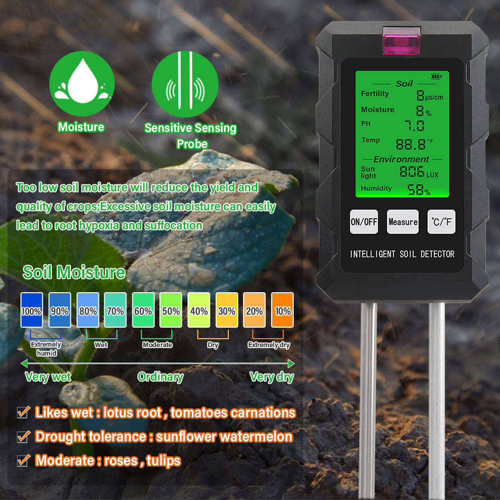 6-in-1 Environmental Soil Tester – Light & Air Humidity Monitor for Garden and Greenhouse