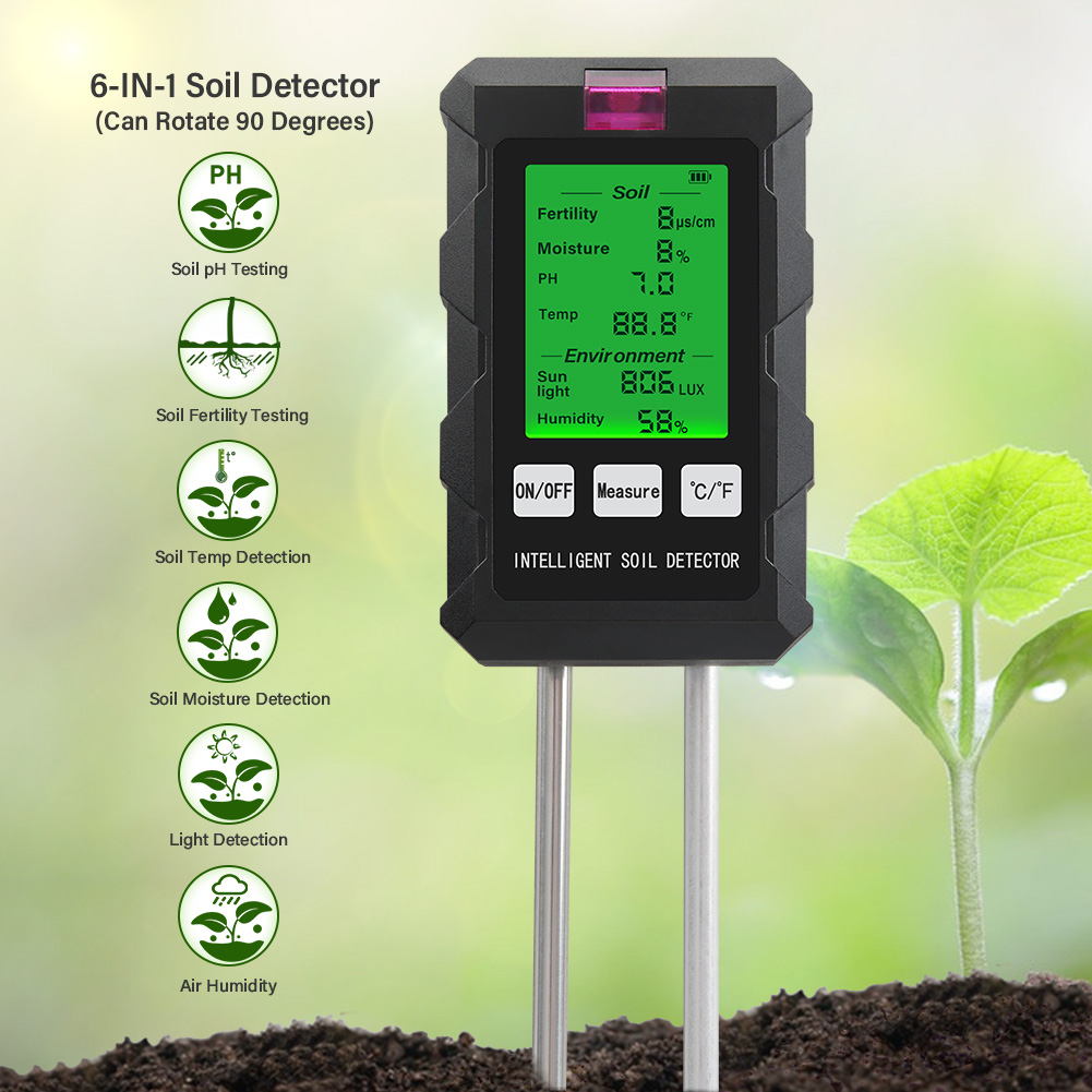 6-in-1 Intelligent Soil Tester – PH, Fertility, Moisture, Light, Temperature & Humidity Detector for Garden & Agriculture