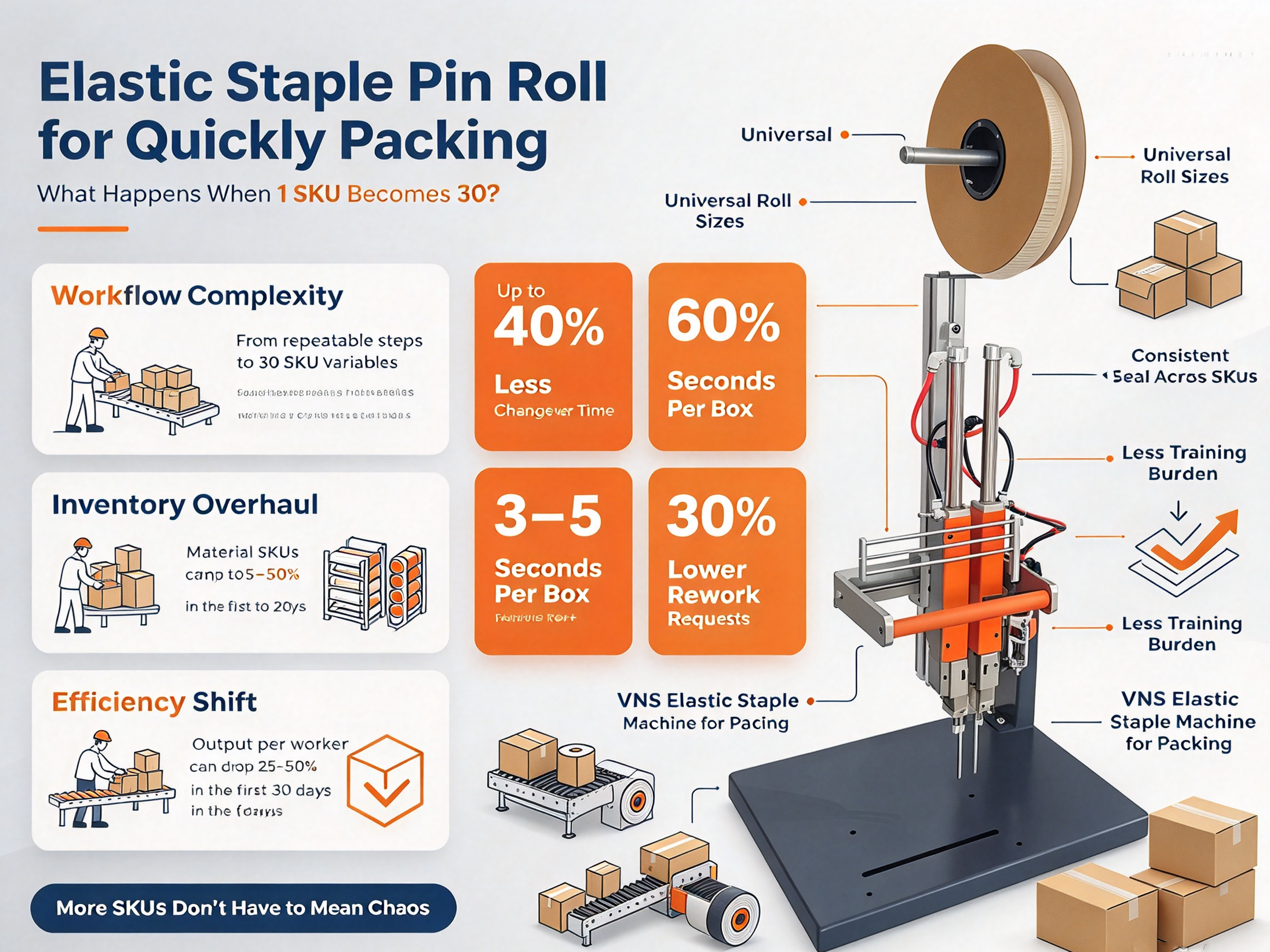 Elastic Staple Pin Roll for Quickly Packing: 1 SKU to 30 SKUs Impact