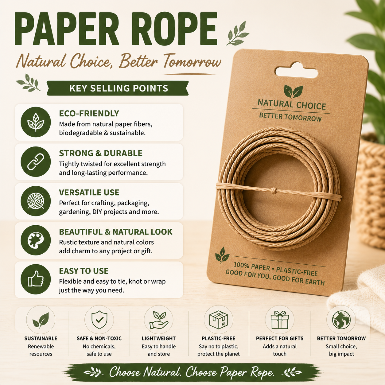 Eco Paper Cord Roll for Bag Handles, Gift Wrapping, Crafts, Binding and Sustainable Packaging