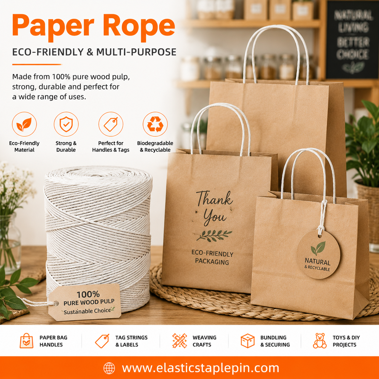 Eco-Friendly Biodegradable Paper Rope for Bags, Crafts, Toys and Packaging, Custom Pantone Colors