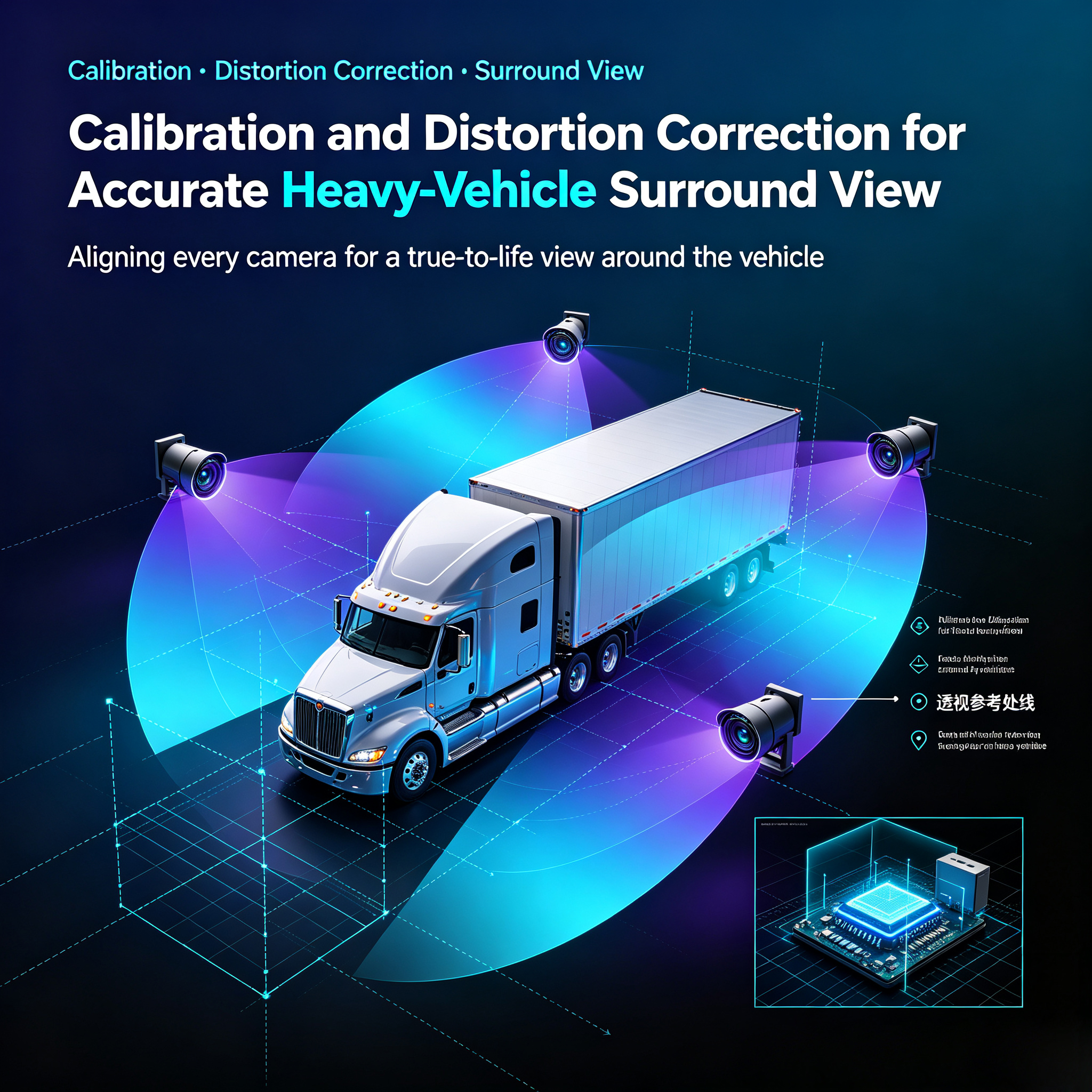 Calibration and Distortion Correction for Accurate Heavy-Vehicle Surround View