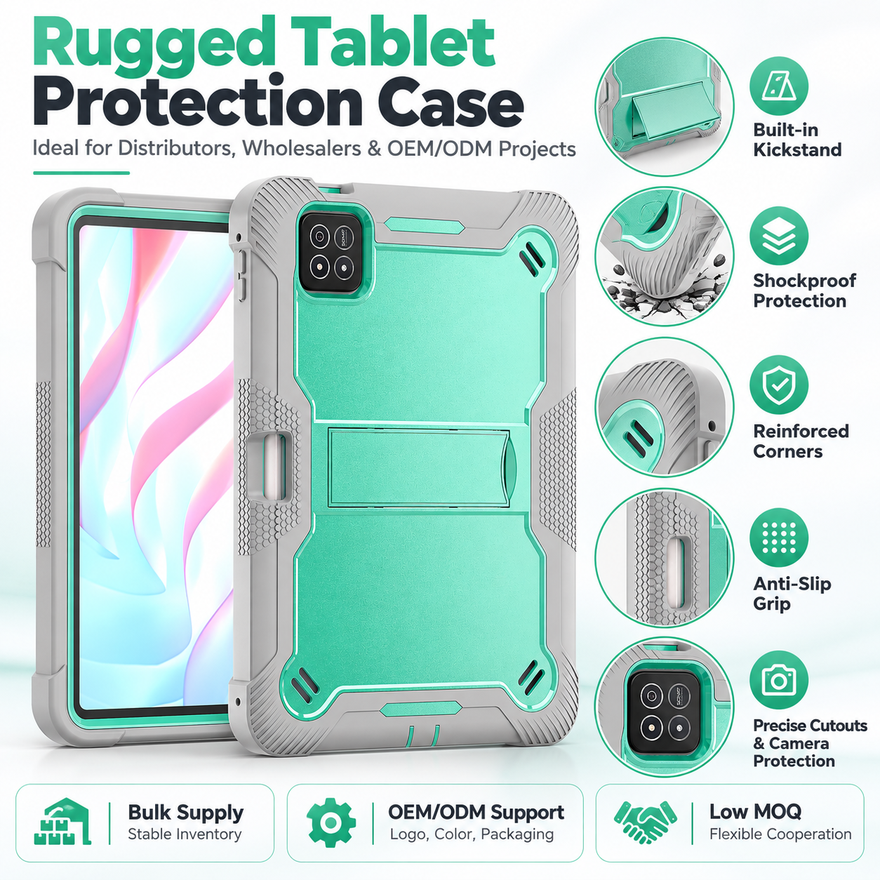 TOZIZO Grey Mint OEM-Ready Protective Tablet Cover for Xiaomi Poco X1 – Rugged Silicone PC Armor Case with Landscape Viewing Stand