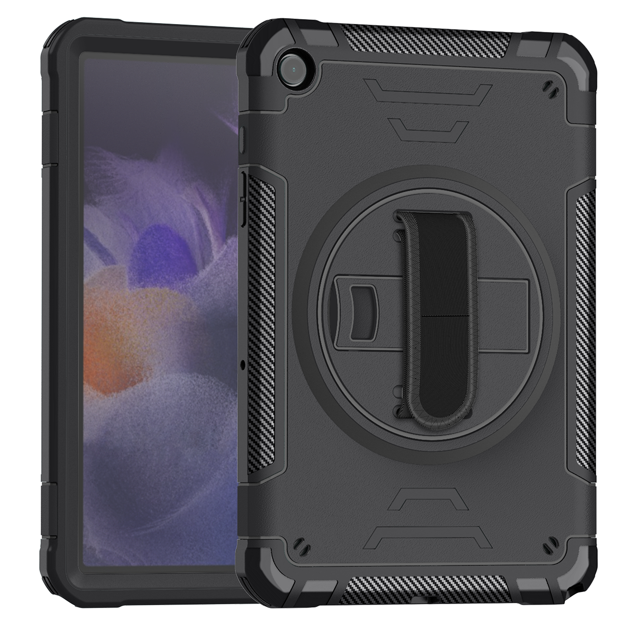 TOZIZO Black Enterprise Rugged Case for Samsung Tab A9 with Foldable Multi-Angle Stand, Adjustable Hand Strap & Wide Shoulder Strap