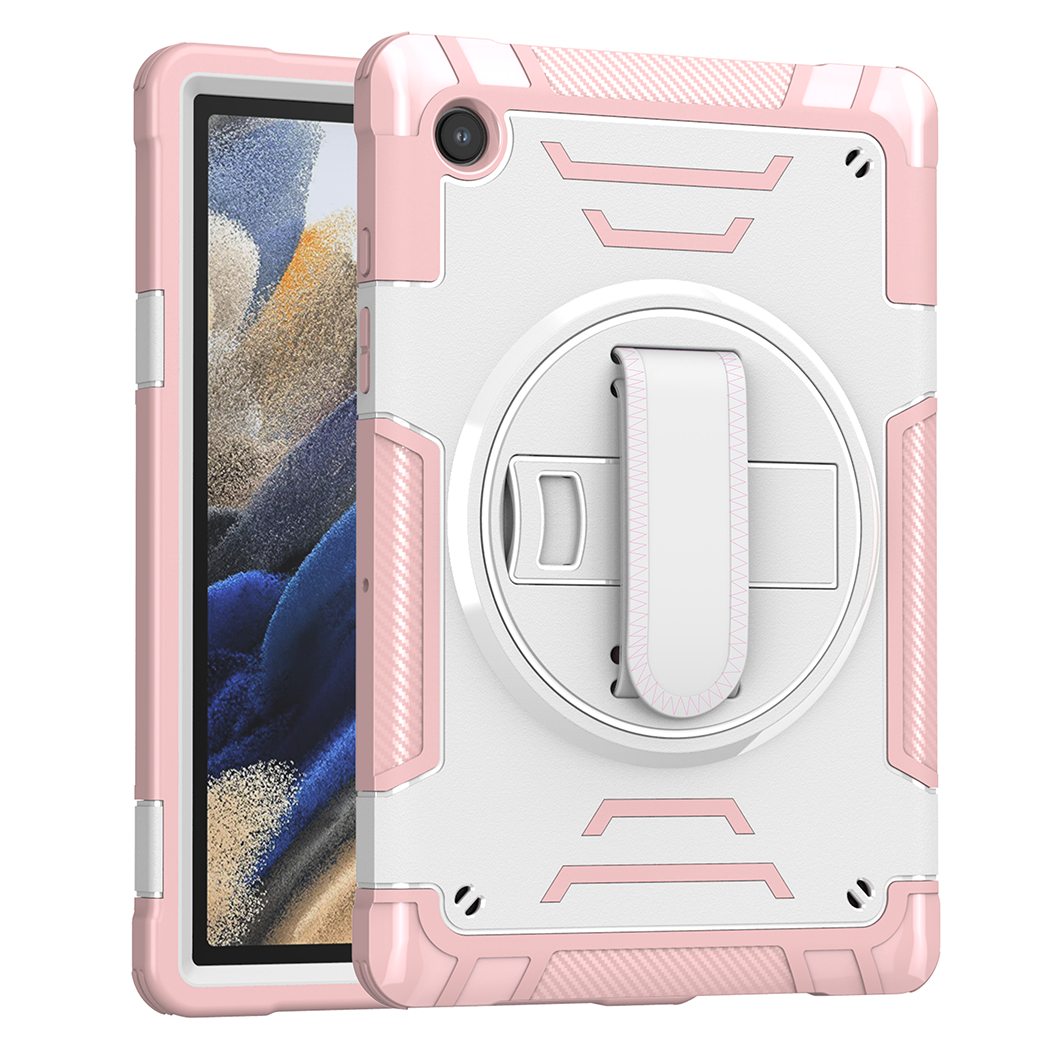 TOZIZO Rose Gold Education & Retail Protective Case for Samsung Tab A8 with Multi-Angle Foldable Stand, Adjustable Hand Strap & Wide Shoulder Strap