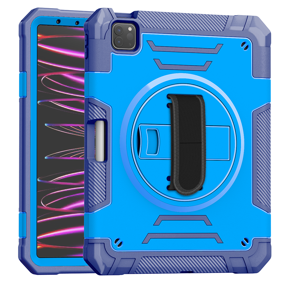 TOZIZO for iPad Pro 11 Industrial Rugged TPU Case Blue with Foldable Viewing Stand, Hand Strap & Wide Shoulder Strap for Jobsite Teams