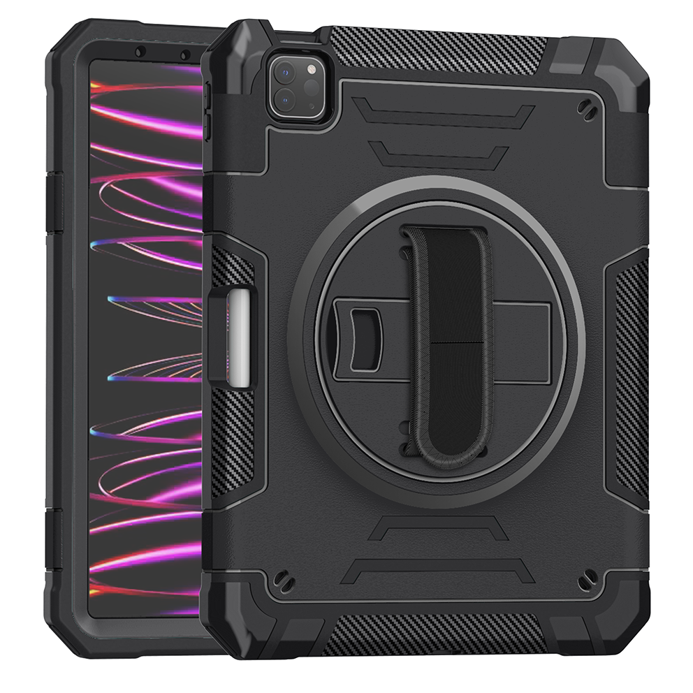 TOZIZO for iPad Pro 11 Rugged TPU Case Black with Foldable Multi-Angle Stand, Adjustable Hand Strap & Wide Shoulder Strap for Enterprise Warehouse Use