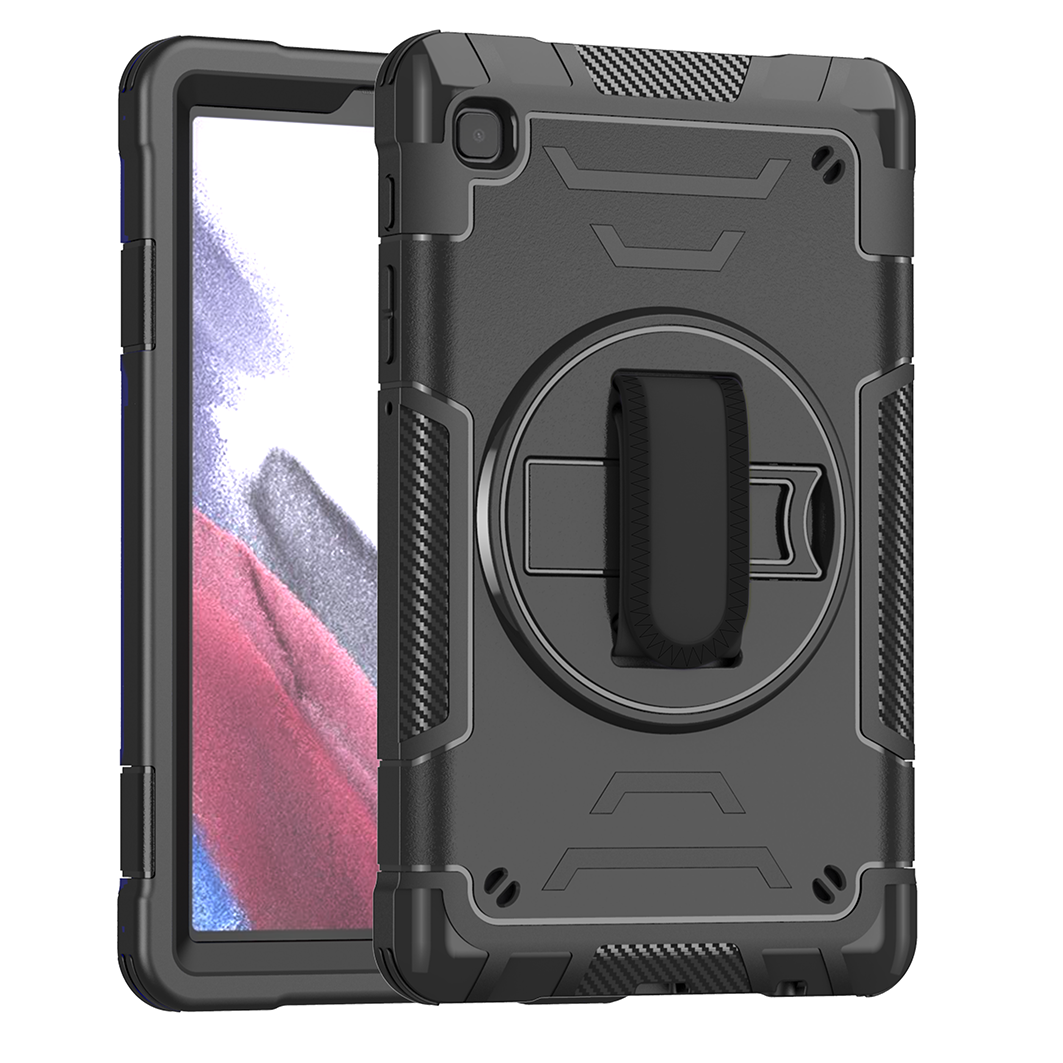 TOZIZO Black Rugged Case for Samsung Tab A7 Lite with Foldable Multi-Angle Stand, Hand Strap & Shoulder Strap – B2B Heavy Duty TPU Cover