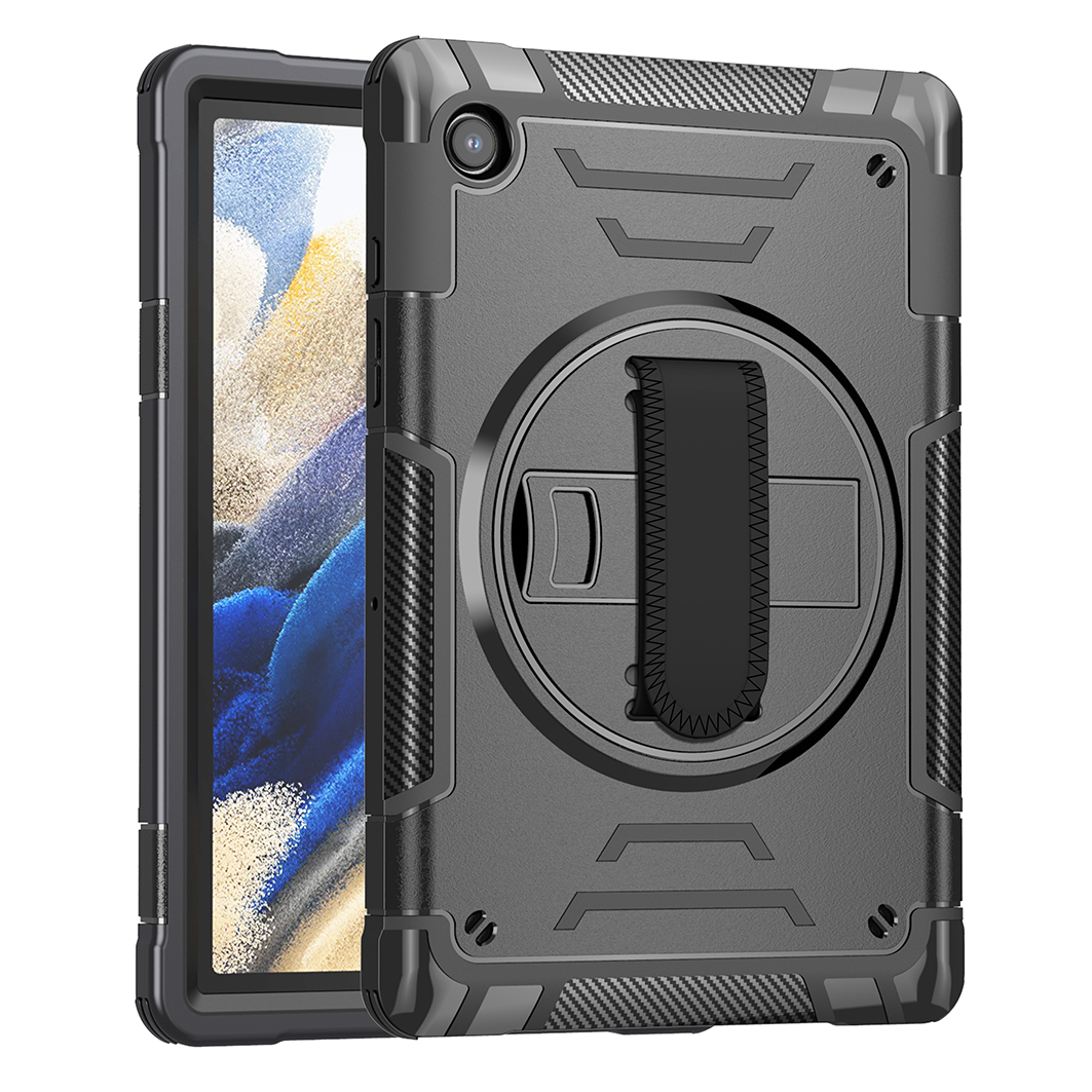 TOZIZO Black Enterprise Rugged Case for Samsung Tab A8 with Foldable Multi-Angle Stand, Adjustable Hand Strap & Wide Shoulder Strap