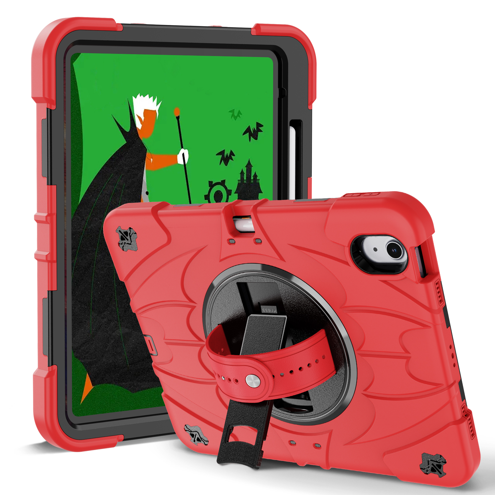 TOZIZO Red Heavy Duty Armor Case for iPad 10th 2022 10.9-Inch Field Use Cover with Rotating Stand & Carry Strap