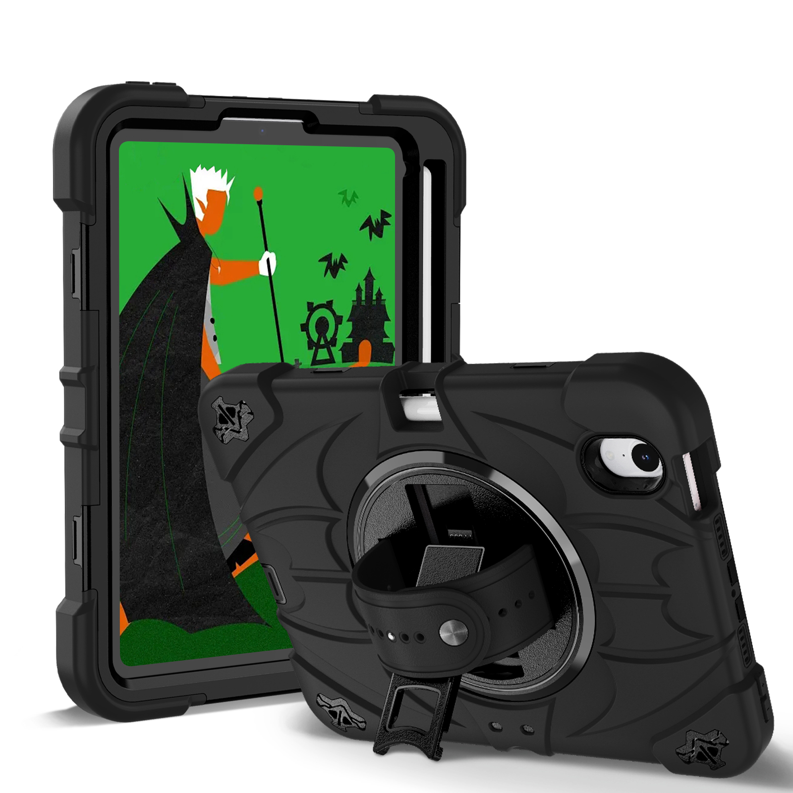 TOZIZO Wholesale Black Rugged Case for iPad mini 6 / mini 7 3-in-1 Shockproof Cover with 360° Stand & Shoulder Strap