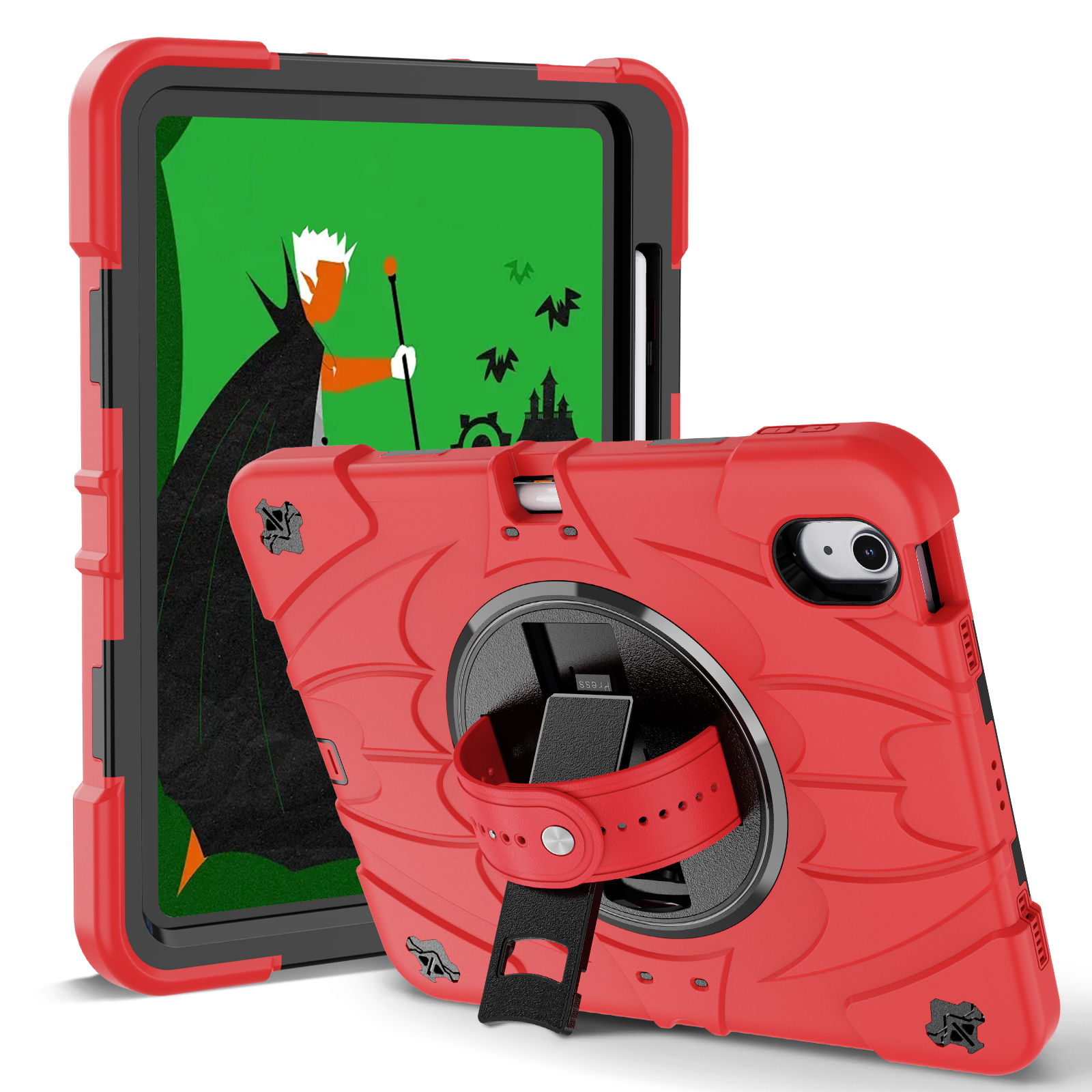 TOZIZO Bold Red 360° Swivel Stand iPad Air 11″ Case for Kids – Heavy Duty Shockproof Tablet Cover with Stand & Hand Strap