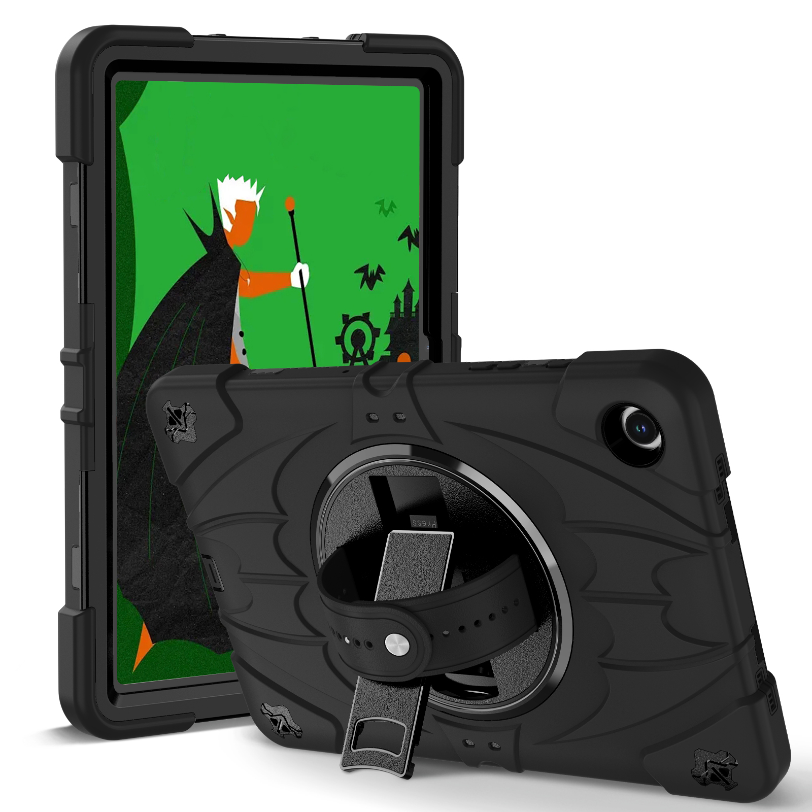 TOZIZO Black Enterprise Rugged Case for Samsung Tab A9 Plus with 360° Rotating Stand, Hand Strap & Shoulder Strap
