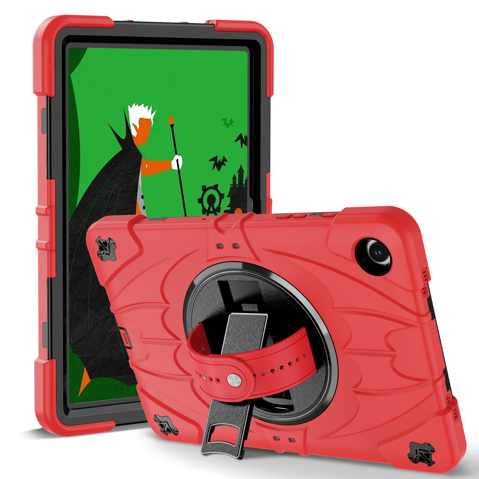 TOZIZO Red Heavy Duty Case for Samsung Tab A9 Plus, 3-Layer Shockproof Cover with 360° Stand & Adjustable Carry Straps