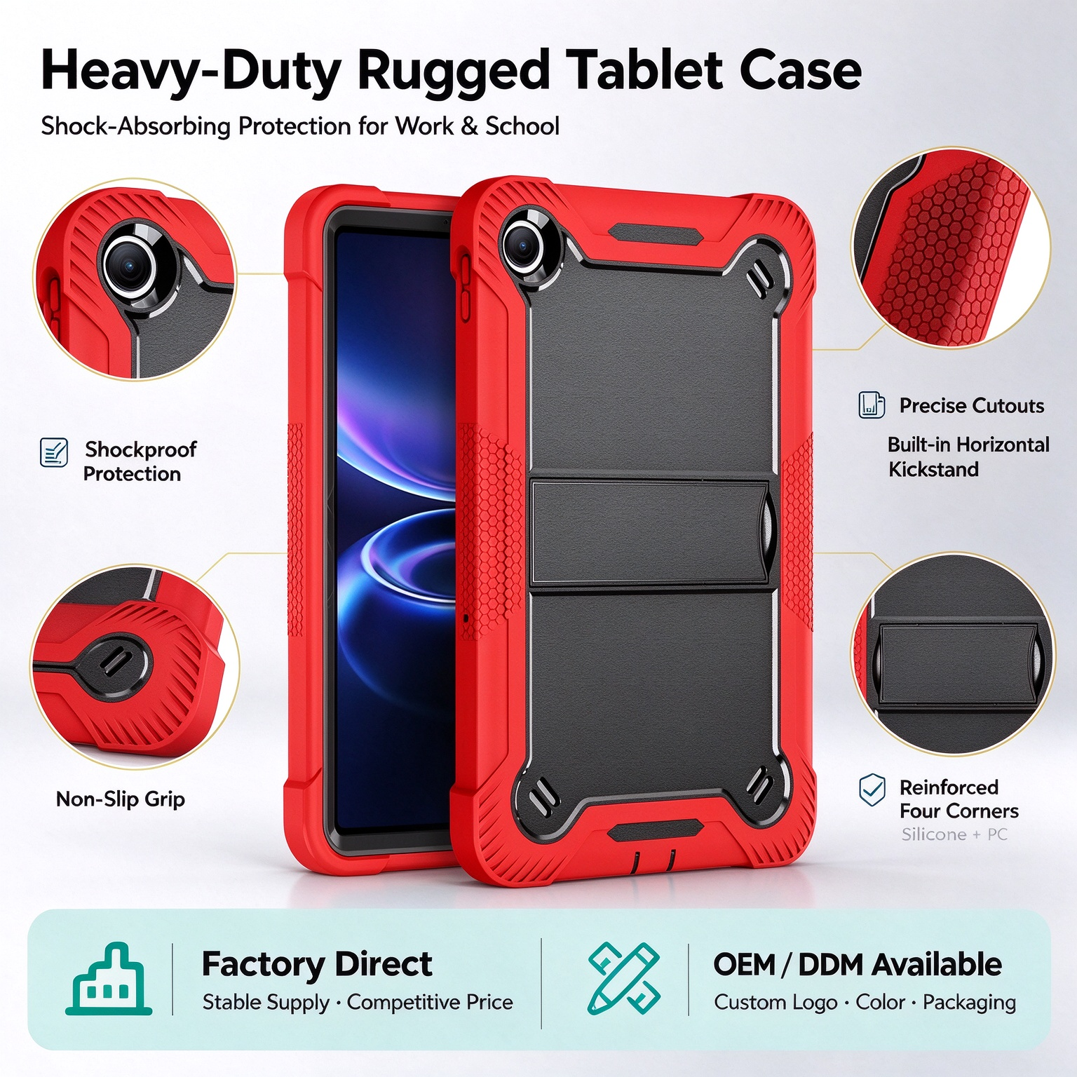TOZIZO Red Kids‑Focused Rugged Protective Shell for Xiaomi Poco Pad C1 Silicone‑PC 3‑in‑1 Triple‑Proof Cover Foldable Horizontal Stand Pencil Slot for School Educational Institution Volume Procurement