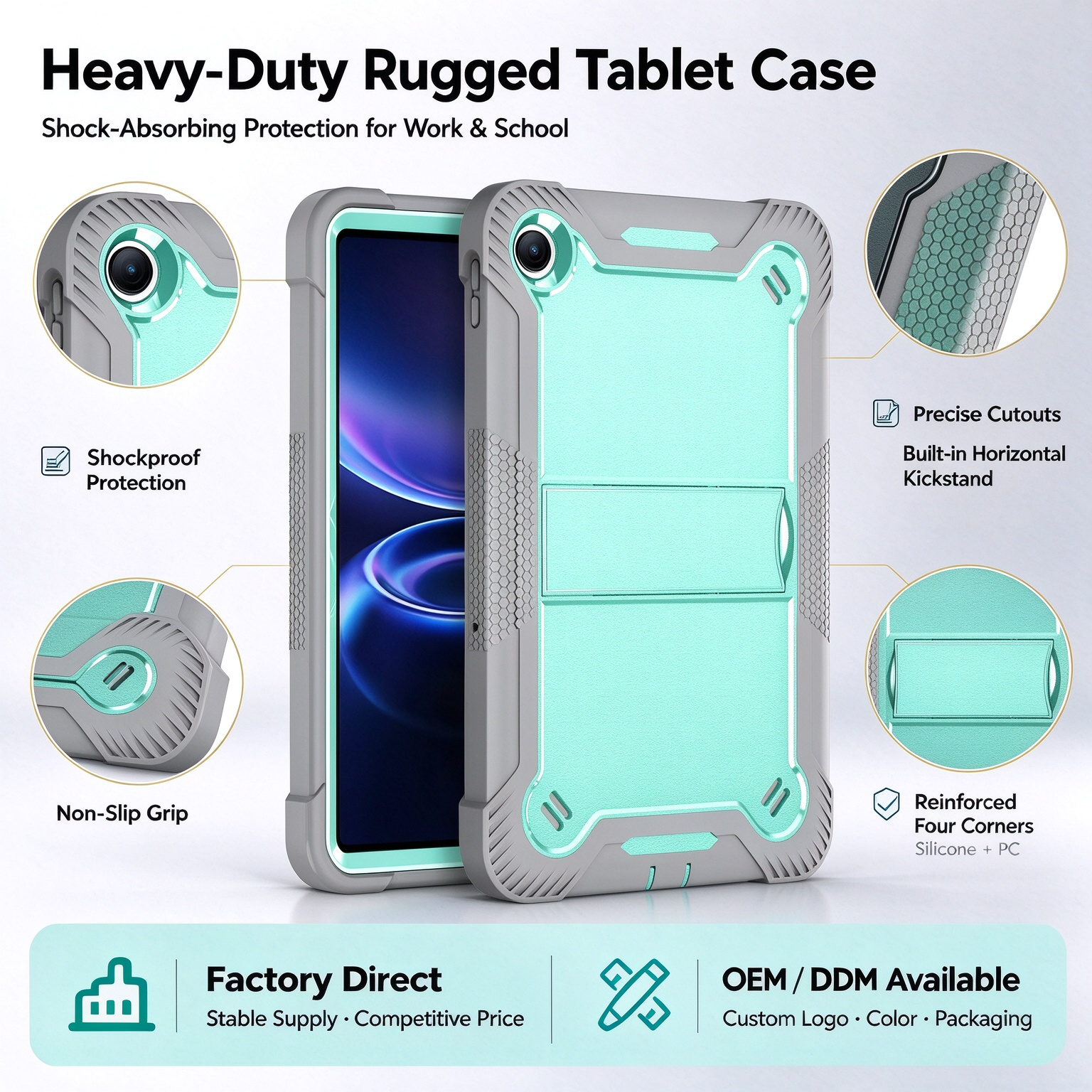 TOZIZO Grey Mint Rugged Protective Shell for Xiaomi Poco Pad C1 Silicone PC 3 in 1 Triple Proof Cover Foldable Horizontal Stand Pencil Slot for Supermarket DTC Brand Bulk Supply
