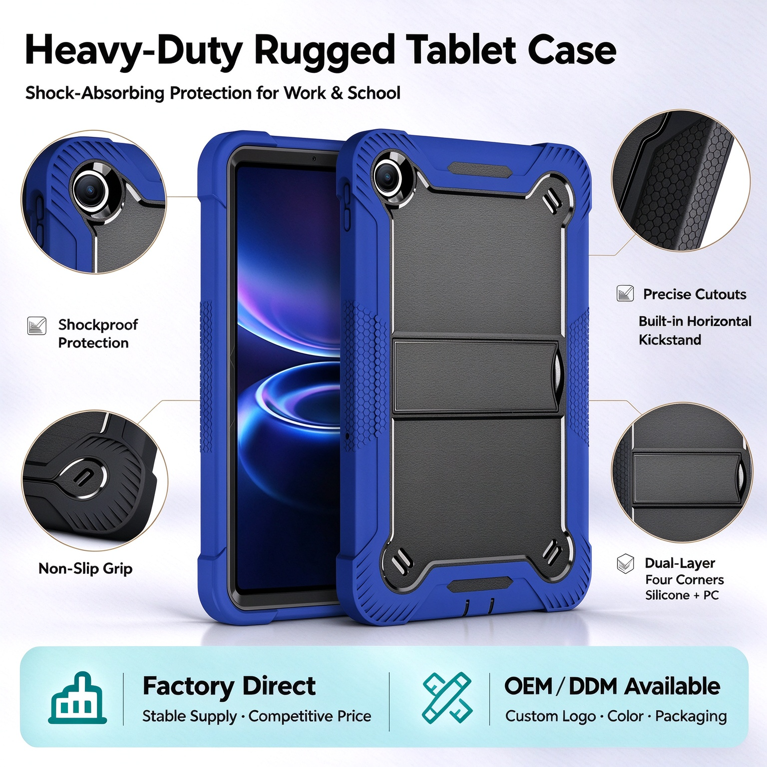 TOZIZO Dark Blue Government Office Rugged Protective Shell for Xiaomi Poco Pad C1 Silicone PC 3 in 1 Triple Proof Cover Foldable Horizontal Stand Pencil Slot for Public Service Field Work Bulk Orders
