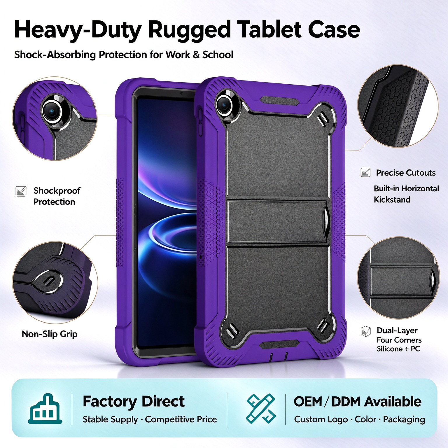 TOZIZO Purple Black Rugged Protective Shell for Xiaomi Poco Pad C1 Silicone PC 3 in 1 Triple Proof Cover Foldable Horizontal Stand Pencil Slot for Gift Shop Ecommerce Reseller Bulk Orders