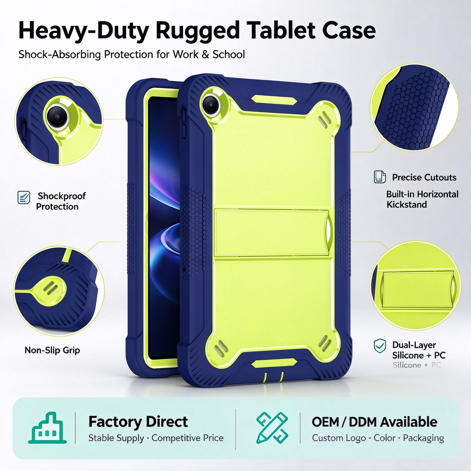 TOZIZO Navy Blue Rugged Protective Shell for Xiaomi Poco Pad C1 Silicone PC 3 in 1 Triple Proof Cover Foldable Horizontal Stand Pencil Slot for School Academy Student Bulk Procurement