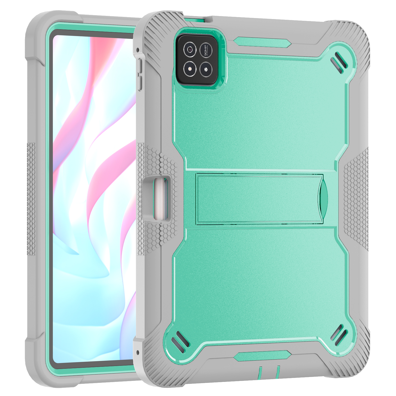 TOZIZO Grey Mint Shockproof Case for Xiaomi Pad 7 / 7 Pro, 3-Layer Silicone PC Cover with Foldable Multi-Angle Stand for Bulk Supply