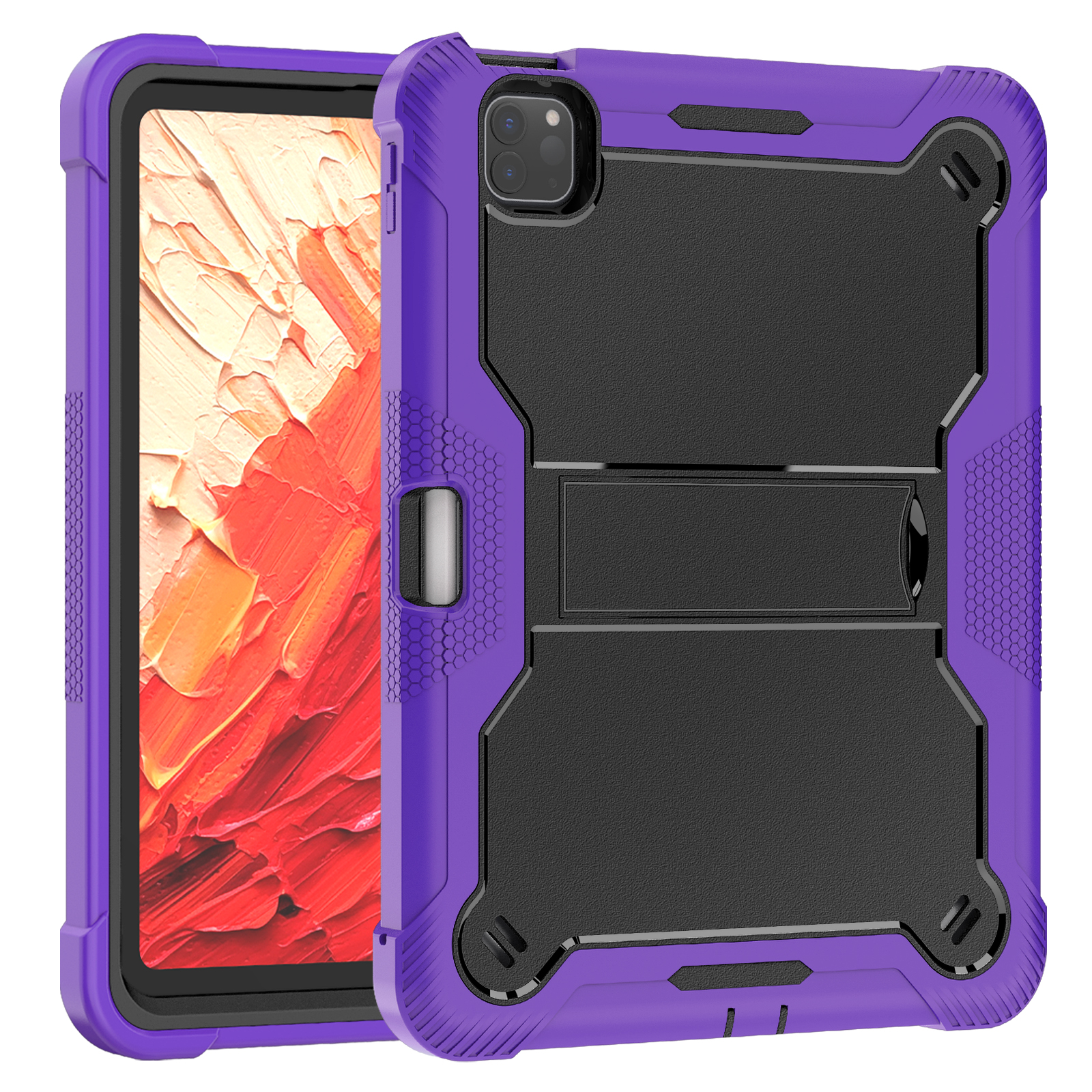 TOZIZO Industrial Style Drop Protection Case for iPad Pro 11 2024 with Foldable Landscape Stand & Pencil Holder - Purple Black