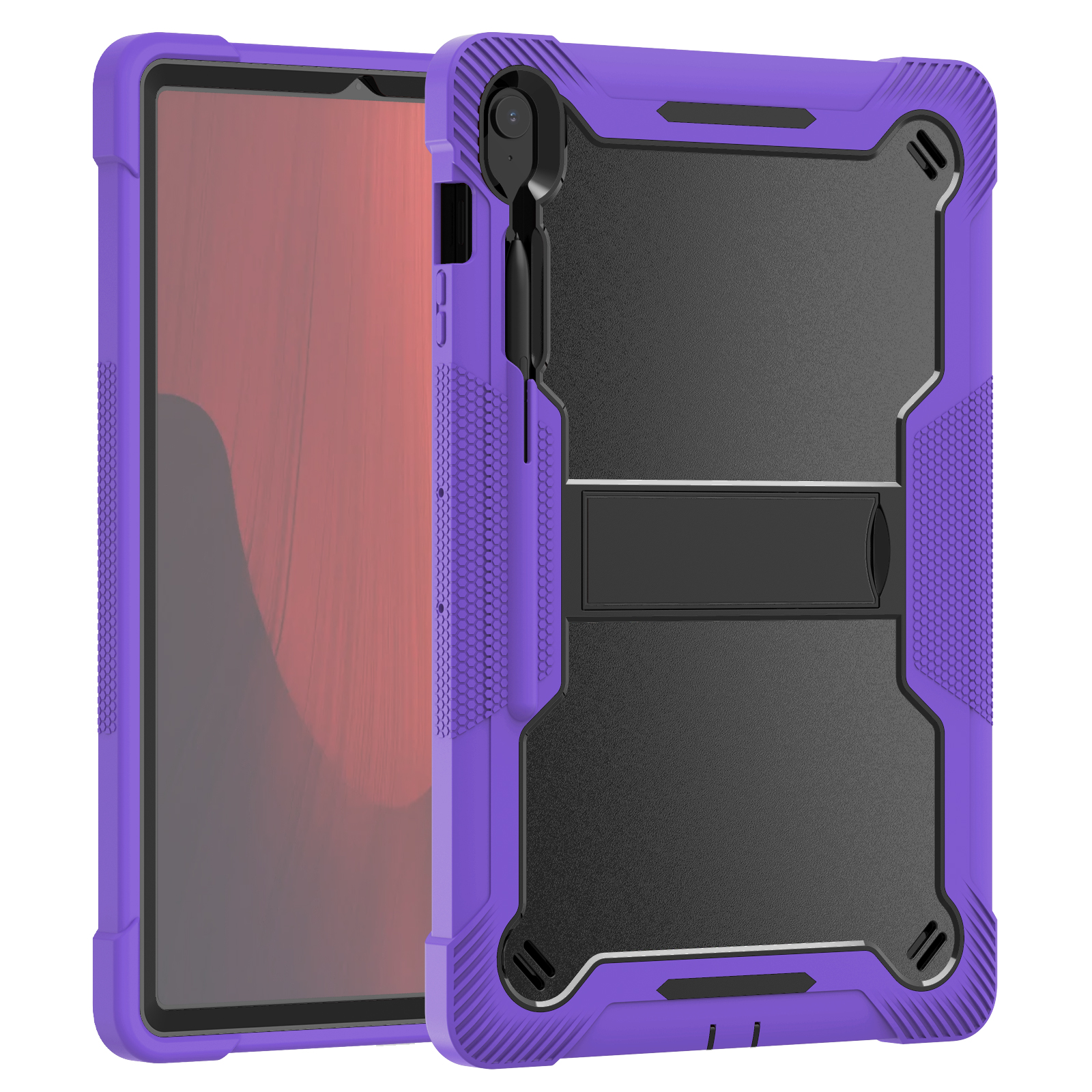 TOZIZO Purple Black Wholesale Armor Case for Samsung Tab S10 FE+ with Foldable Multi-Angle Stand, Anti-Slip 3-Layer Silicone PC Design
