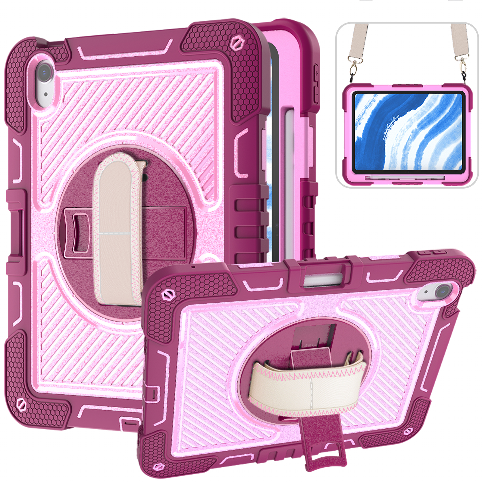 TOZIZO Rose Red Commercial Protective Case for iPad Air 11 Rotating Kickstand & Adjustable Carry Straps