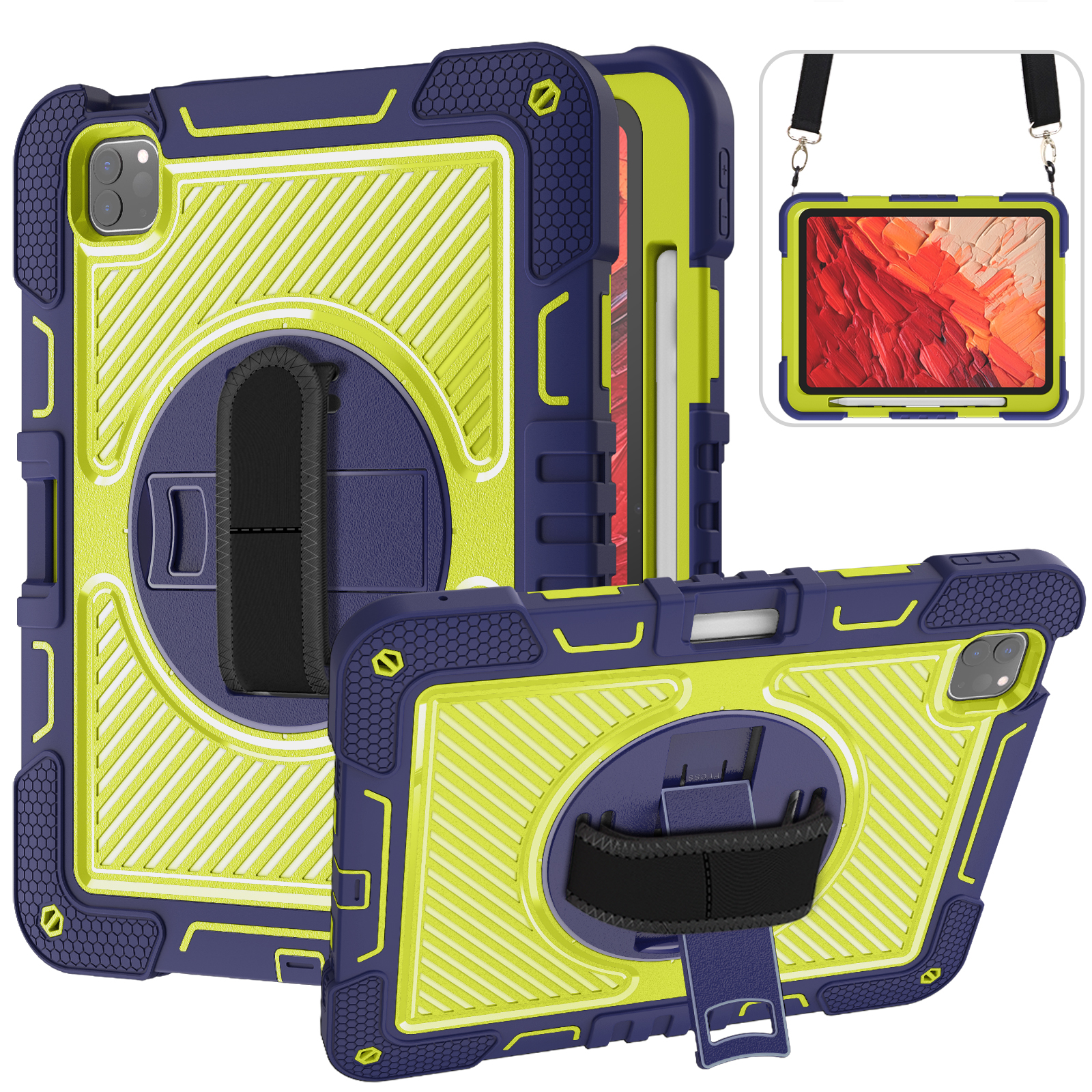 TOZIZO for iPad Pro 11 2024 Navy Blue Industrial-Style Armor Case with Rotating Stand & Wide Shoulder Strap