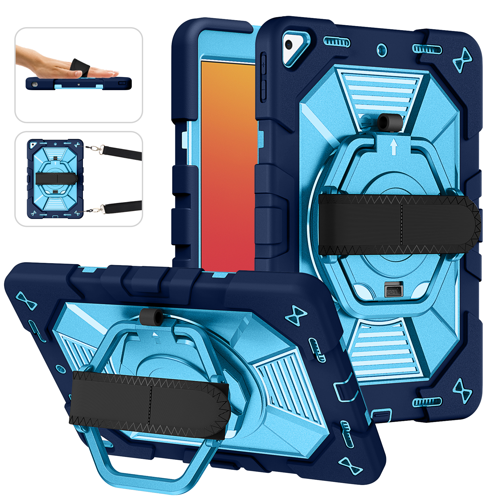 TOZIZO Navy Blue Industrial Case for iPad 10.2 with 360° Swivel Stand, Hand Strap & Adjustable Shoulder Strap