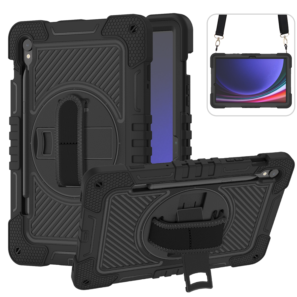 TOZIZO Black Enterprise Rugged Case for Samsung Tab S9 with 360° Rotating Stand, Hand Strap & Shoulder Strap