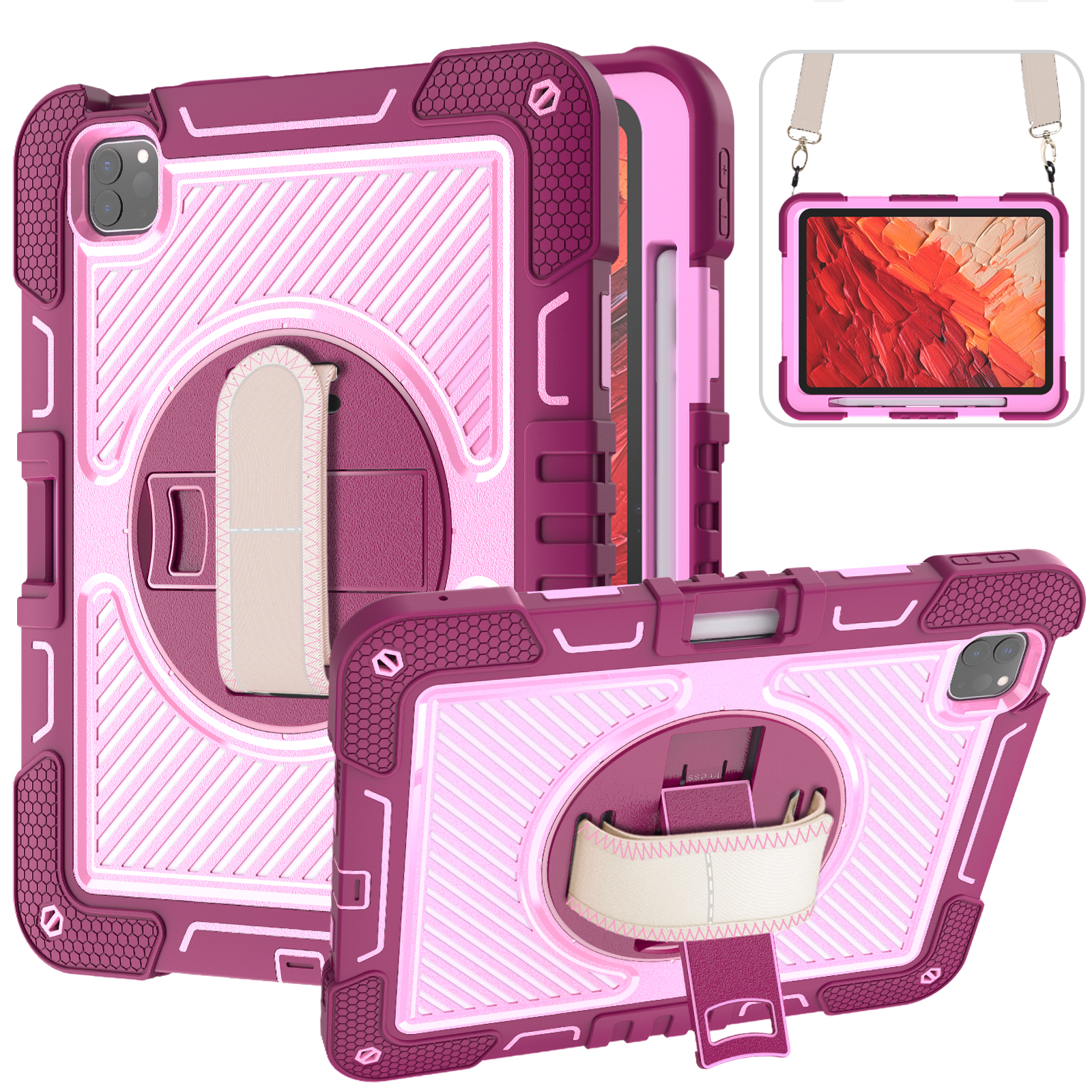 TOZIZO for iPad Pro 11 2024 Rose Red Durable Rugged Tablet Cover with Rotatable Kickstand & Shoulder Carry Strap