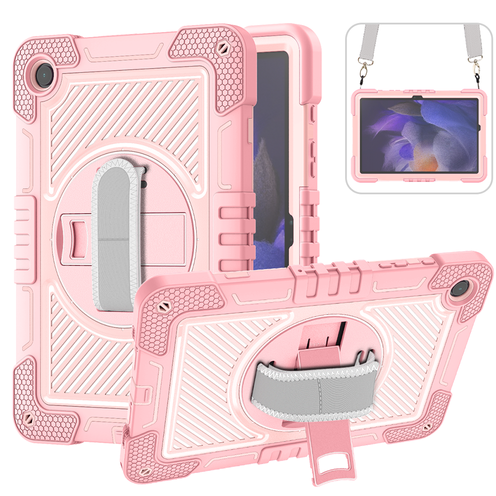 TOZIZO Rose Gold Retail Armor Case for Samsung Tab A9 PAD | Rotating Kickstand, Hand Grip & Shoulder Strap B2B