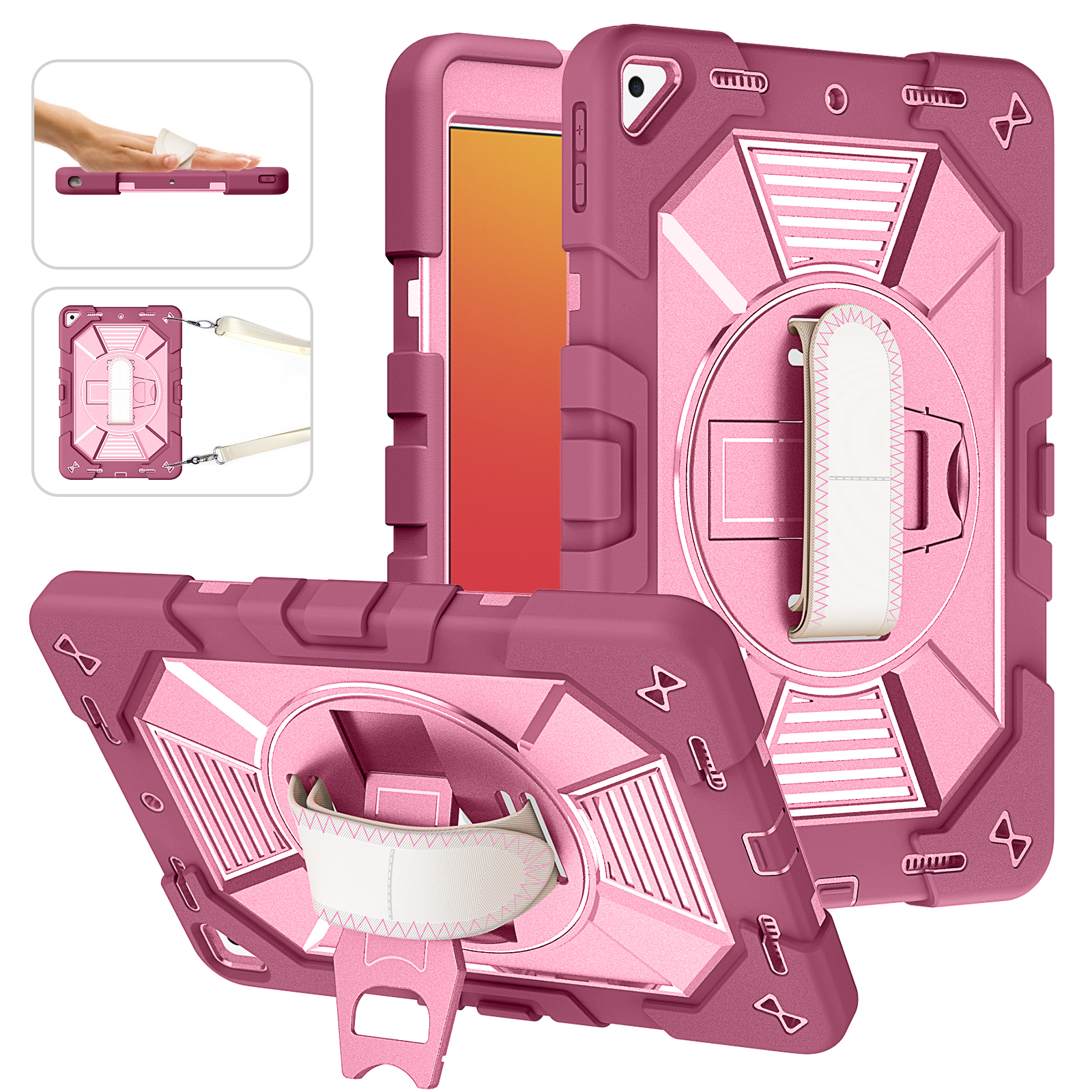 TOZIZO for iPad 10.2 Rose Red Promotional Multifunction Armor Case with 360° Stand, Hand Strap & Wide Shoulder Belt | Reseller Supply