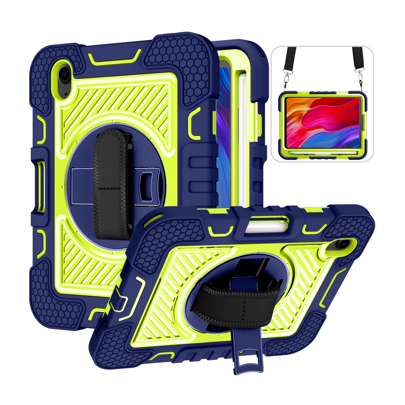 TOZIZO Navy Blue Industrial Rugged Case for iPad mini 6 with 360° Stand, Hand Grip & Shoulder Strap for Worksites