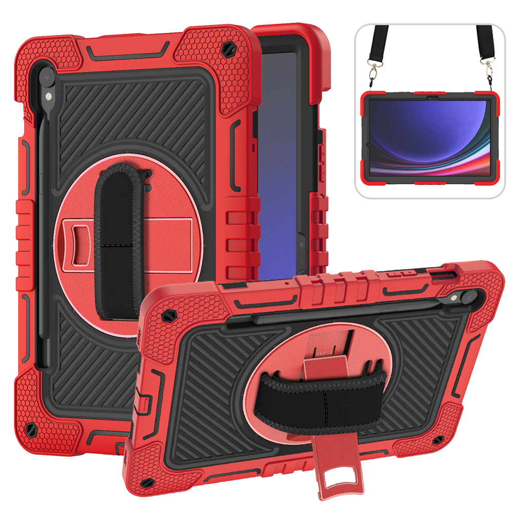 TOZIZO Red Heavy Duty Case for Samsung Tab S9, 3-Layer Shockproof Cover with 360° Stand & Adjustable Carry Straps