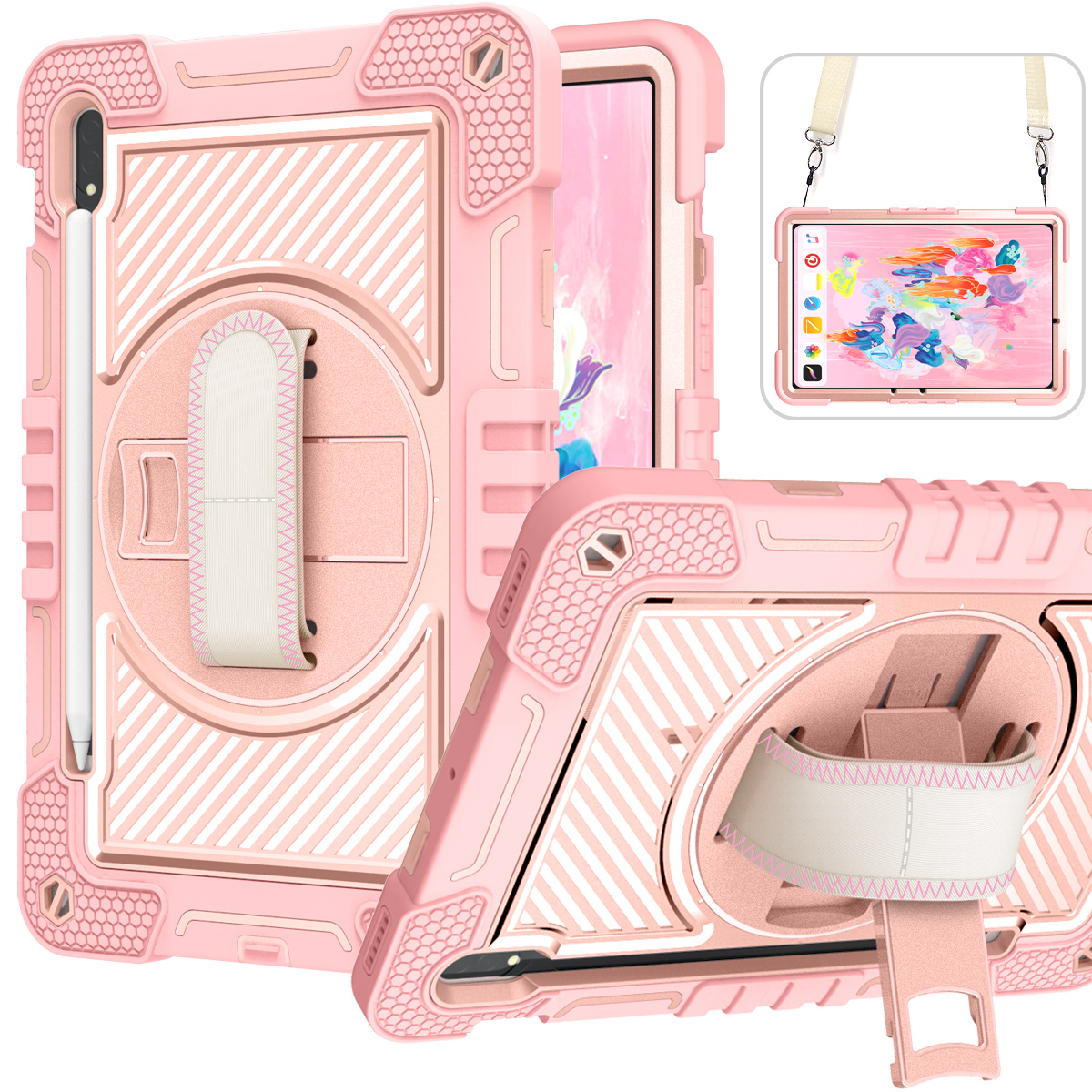TOZIZO Rose Gold for Samsung Galaxy Tab S8 Protective Case – Rotating Stand, Secure Hand Strap & Adjustable Shoulder Carry