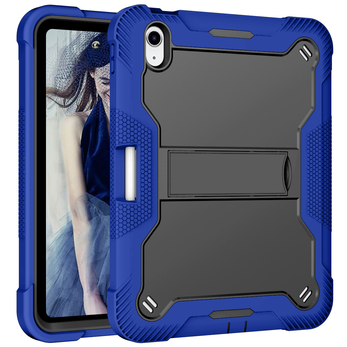 TOZIZO Professional Protective Case for iPad 10th 2022, Anti-Slip 3-in-1 PC Silicone Cover with Multi-Angle Foldable Stand - Dark Blue