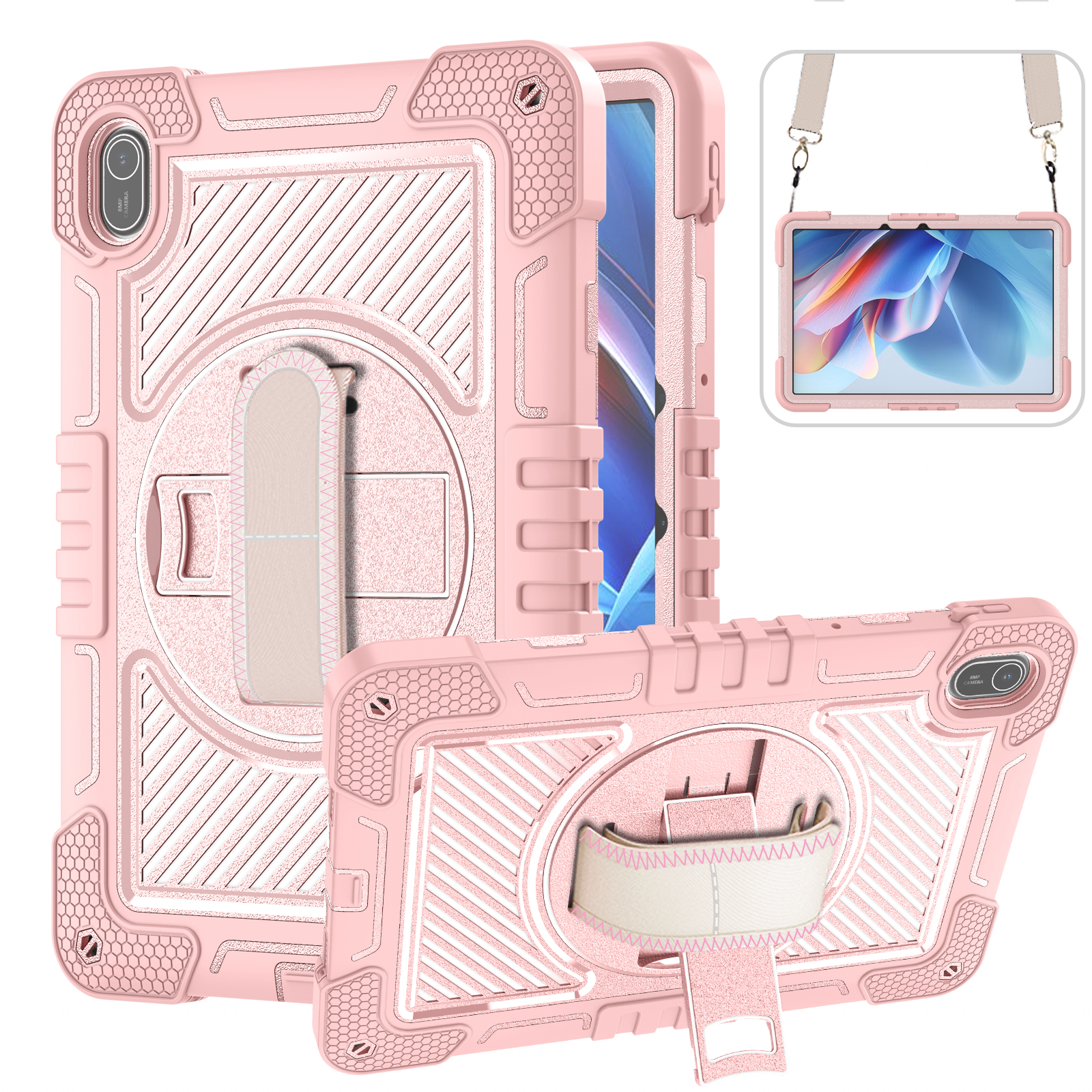 TOZIZO Rose Gold Protective Case for Huawei MatePad SE 11, 360° Swivel Kickstand with Adjustable Hand & Shoulder Straps